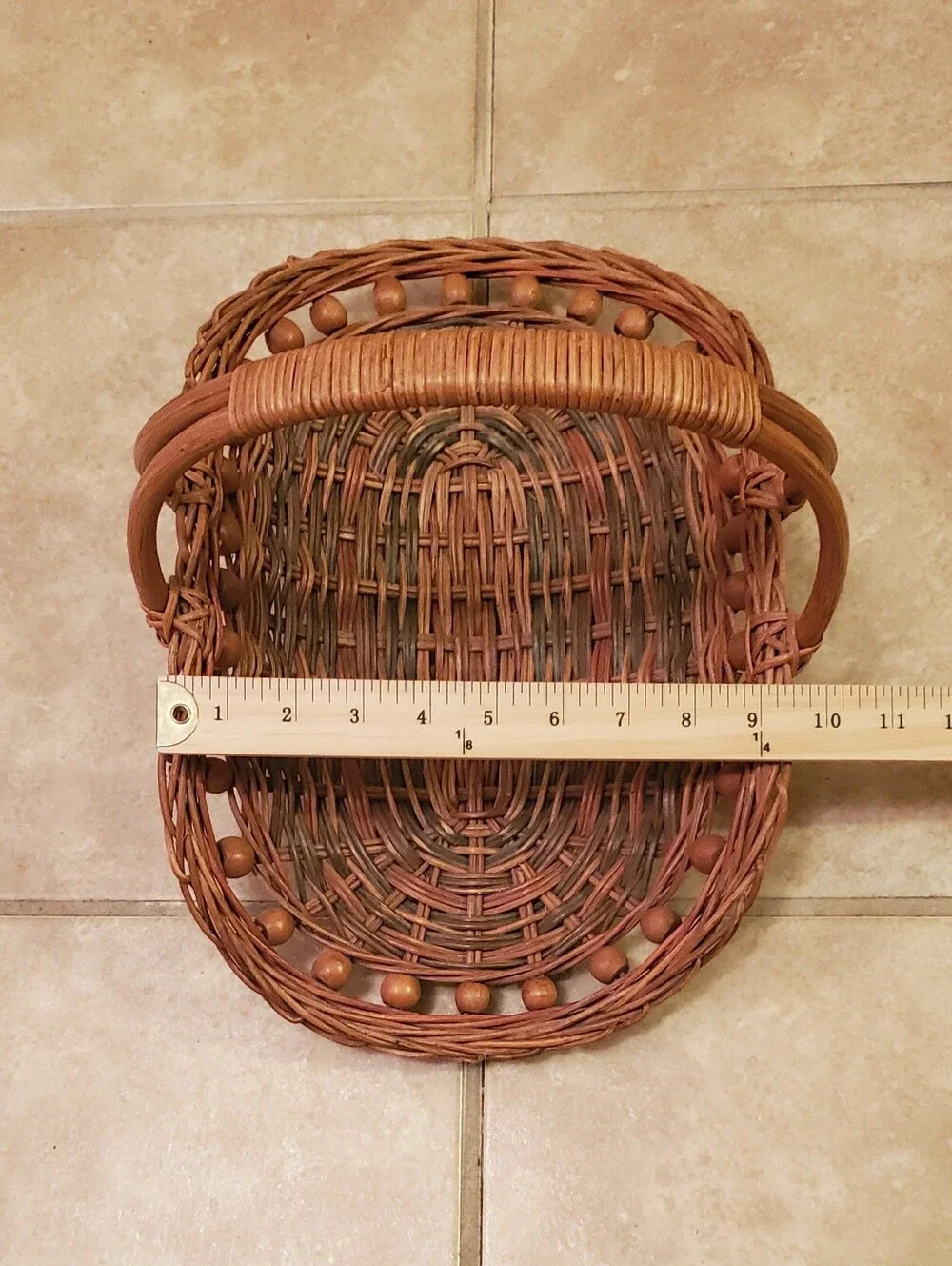 VTG. Handwoven Rattan Gathering Basket with Wood Bead Trim & Arched Handle.
